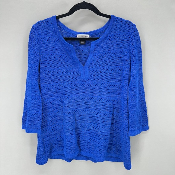 St John Sport Tops - Vintage ST JOHN SPORT Marie Gray Blue Crochet V Neck Top Womens Size M Old Money